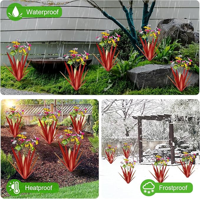 Garden Outdoor Butterfly Enlarge Thickened Wind Resistant Metal Agave Garden Art Metal Plant Country Sculpture Statue Decorations Ornaments Artificial Waterproof Butterflies(red 3pcs)