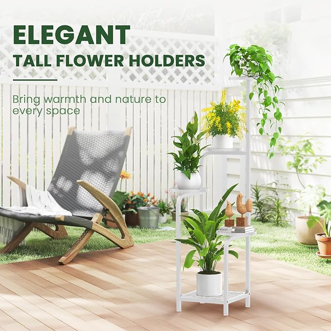 TOSKING 5 Tier Tall Plant Stand Indoor Outdoor, Heavy Duty Corner Shelf for Plants & Decor, Space Saving 3.9FT Metal Flower Pot Stand for Balcony, Garden, Living Room, Patio (White, 47in)