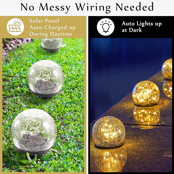 Honoson 6 Inch Solar Globe Lights Outdoor Waterproof, Solar Balls for Garden Cracked Glass Ball, Ground Landscape Garden Decor for Patio and Yard Lawn Backyard (4 Pieces)