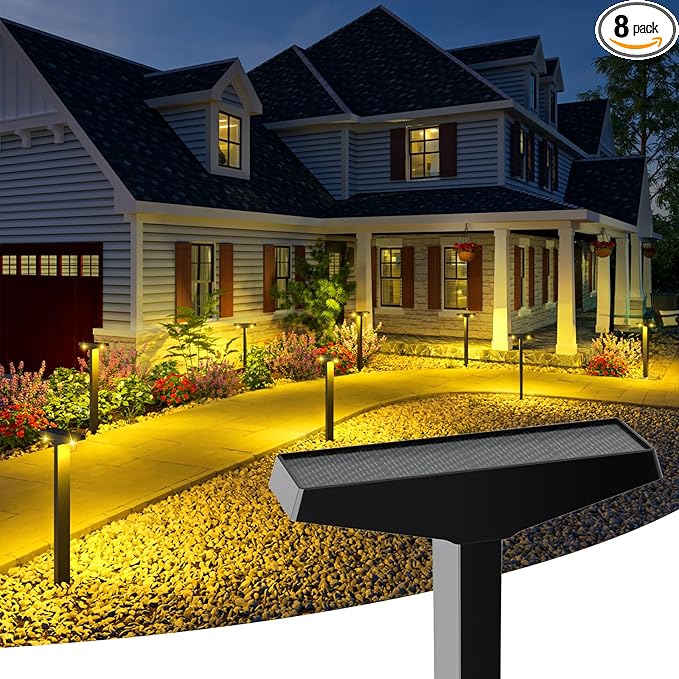 JSOT Outdoor Solar Lights Waterproof, Modern Solar-Powered Landscape Lights for Outside Pathway 8 Pack, Solar Dusk to Dawn Lights Outdoor for Sidewalks, Driveway, Garden, Yard Lighting. (Warm White)
