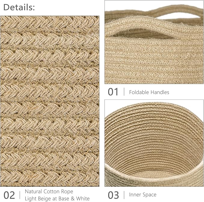 Dahey Jute Rope Plant Basket Modern Woven Storage Basket for 10" Indoor Planter, Decorative Flower Pots Cover Laundry Bin with Handle Rustic Home Decor, Beige