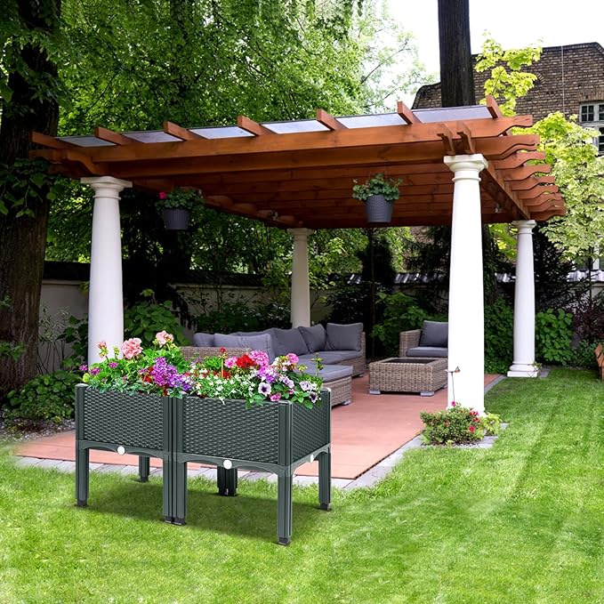 MAYOLIAH Raised Garden Bed with Drainage Elevated Planter Box Plastic Raised Beds for Gardening Vegetables Herb Flowers, Perfect for Indoor Outdoor Planting, 2 Boxes Grey