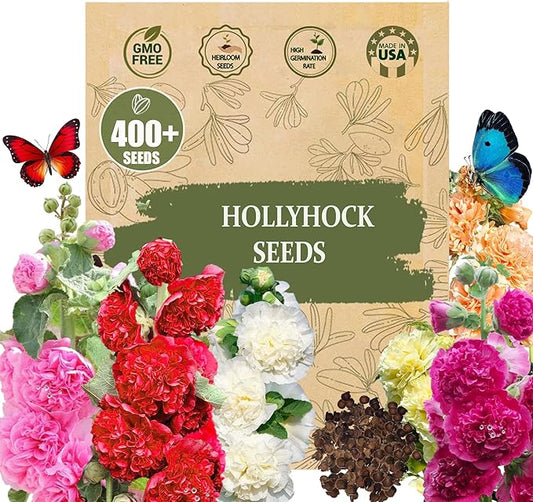 Premium Rare Hollyhock Seeds – 400+ Double Hollyhock Flower Seeds – Non-GMO, Heirloom Perennial – Showy Blooms for Outdoor Planting (Double Hollyhock Mix)