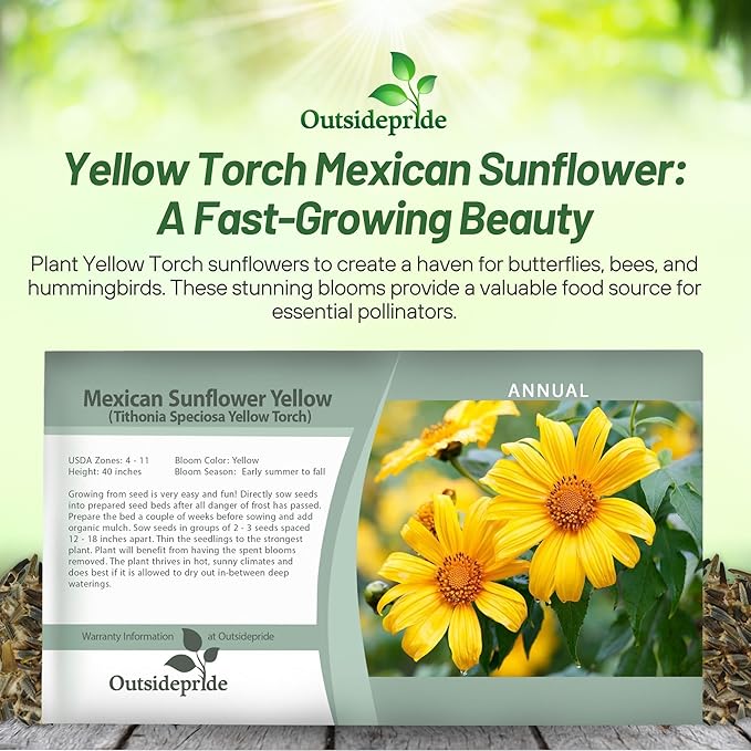 Outsidepride Yellow Torch Mexican Sunflower Seeds - 500 Pcs Annual, Easy-to-Grow, Yellow Tithonia Speciosa Flower Seeds w/Drought-Tolerant Blooms for Pollinator Gardens & Vibrant Summer Landscaping