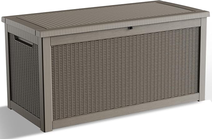 DRATO 260 Gallon Deck Box, Outdoor Large Waterproof Resin Storage Box with Lockable Lid for Patio Cushions, Gardening Tools, Sports Equipment, Light Brown