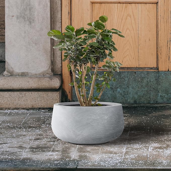Kante 11.8" Dia Round Concrete Planter, Cement Plant Pots with Drainage Hole and Rubber Plug for Outdoor Indoor Garden Home, Modern Curvaceous Design, Gray