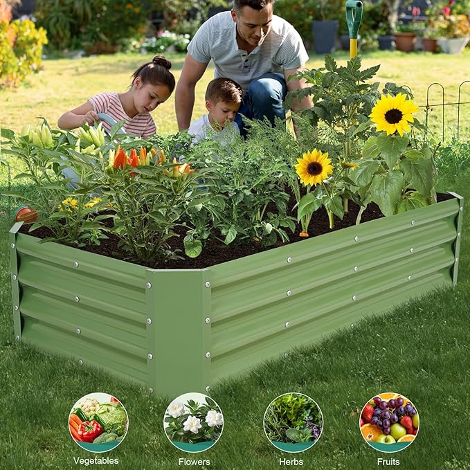 Galvanized Raised Garden Bed - 4x2x1ft Metal Garden Planter Box Outdoor | Steel Raised Bed Kit with Bracing Rods, Gloves for Gardening Vegetables Fruits and Flowers (Oliver Green)
