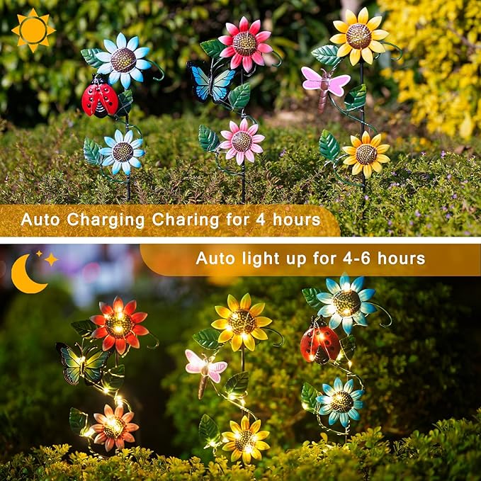 3 Pack Solar Garden Light, Sunflower & Insect Metal Solar Stake Lights, Outdoor Statues Figurine Lights for Spring Garden Lawn Patio Yard Decor
