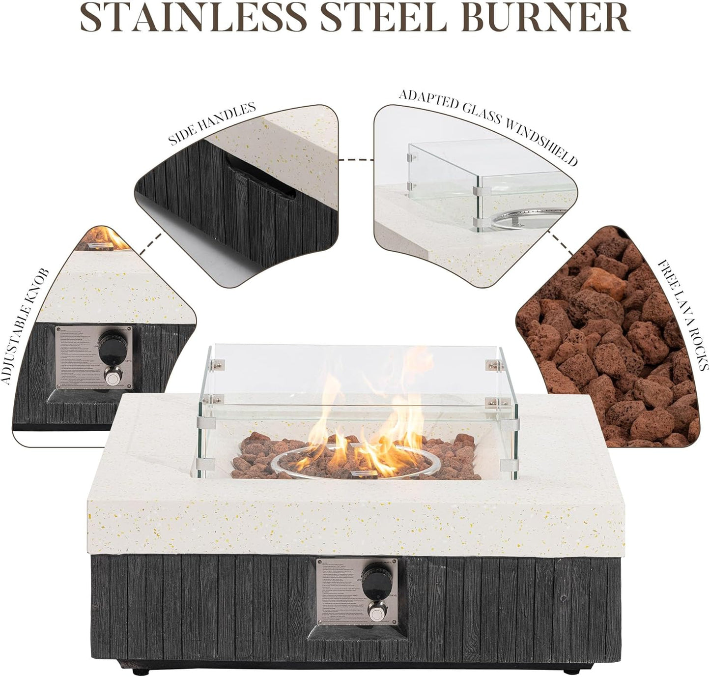 COSIEST 35" Outdoor Propane Fire Pit Table w Tank Cover & Wind Guard, Square Gas Fire Pit Table with Concrete & Wood Grain Design, 50000BTU CSA Certified Fire Tables for Patio, Backyard, Garden