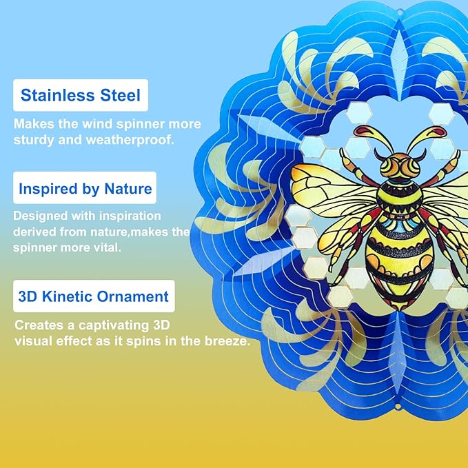 Bee Wind Spinners 3D Hanging Wind Spinner Bee Ornament Gifts for Women Mom Grandma,12inch Metal Spring Wind Kinetic Sculpture for Outdoor&Indoor Decor, Yard Art, Garden Decoration