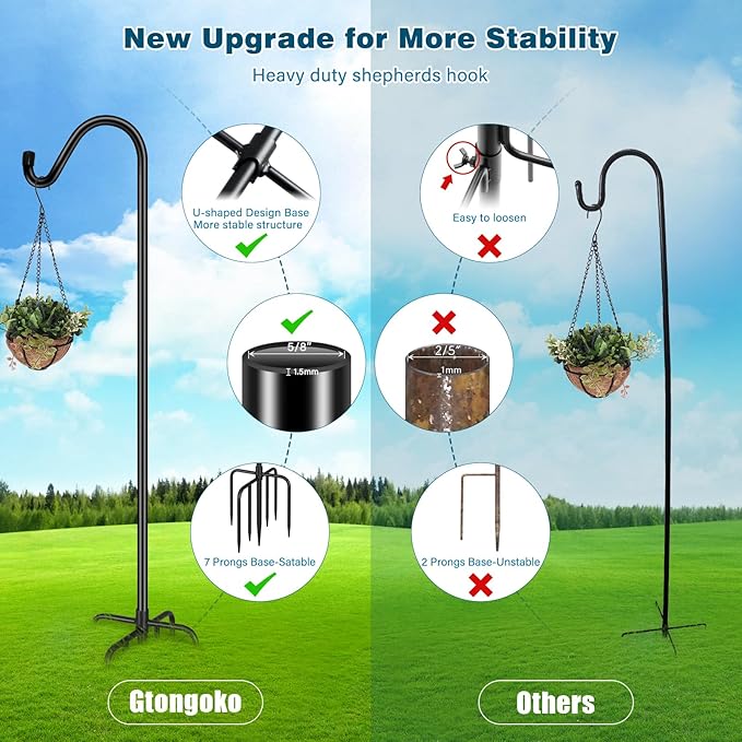 Gtongoko 2 Pack 108 Inch Tall Shepherds Hooks for Outdoor Bird Feeders, Heavy Duty Bird Feeder Pole Stand, Adjustable Hanger for Plant, Lights, Lanterns Wedding Decor with 7 Prongs Base