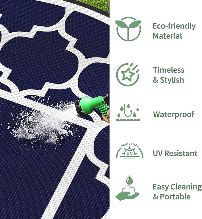 GENIMO 8' Round Outdoor Rug Waterproof for Patio Decor, Foldable Reversible Plastic Straw Area Rugs Mat for Rv, Outside Carpet for Camper, Deck, Picnic, Beach, Balcony, Camper, Blue & White