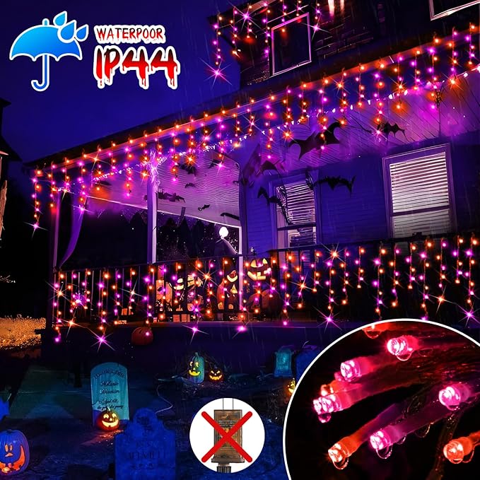 Hezbjiti 400LED Halloween Lights Purple Orange Icicle Lights 32.8FT Halloween String Lights Outdoor Decoration 8 Modes 75 Drops Fairy Lights for Eaves Party Yard Garden Halloween Decor