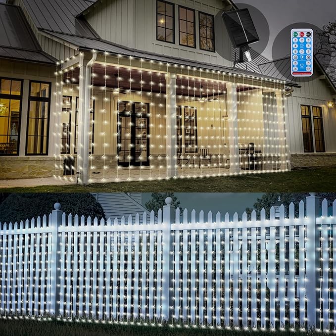 32.8 * 6.56FT Large Size Solar Curtain Lights Outdoor, 8 Modes Icicle Lights, Solar Garden Christmas Decortions for Patio, Gazebo, Eaves, Fence, Tree, Porch (White)