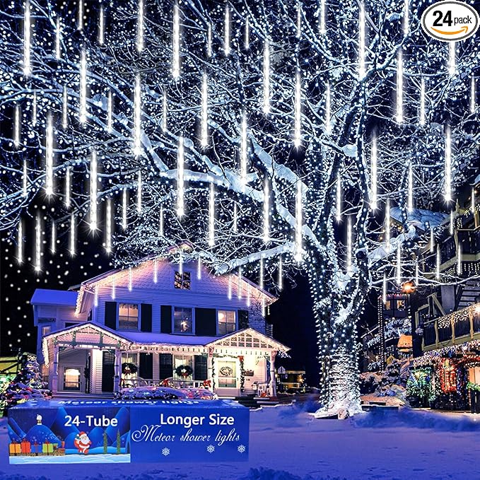 Aokudoni Christmas Lights Outdoor, 24 Tubes Meteor Shower Lights (Equivalent to 3 Sets of 8-Tubes), Waterproof Outside Christmas Decorations for Tree Window Yard Party Holiday, UL Plug, White