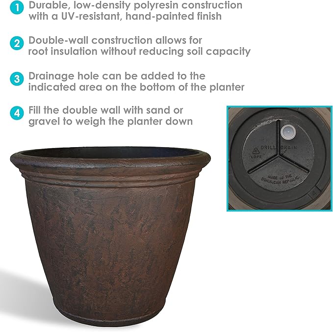 Sunnydaze 15.25-Inch Anjelica Large Plastic Pot for Plants - Outdoor Polyresin Round Planter with Drillable Drainage Holes - Rust