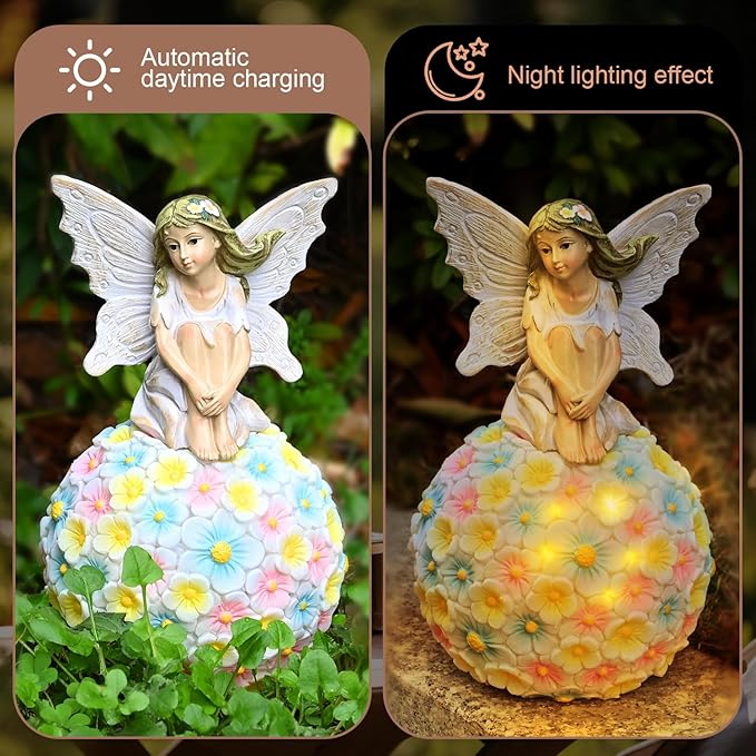 Solar Flower Fairy Garden Decor-Outdoor Fairy Statue-Garden Fairy Figurine Decor for Outside Patio Lawn Yard Porch Ornament,Resin Fairies Statues Decorations,Tall 7.8 Inches, White