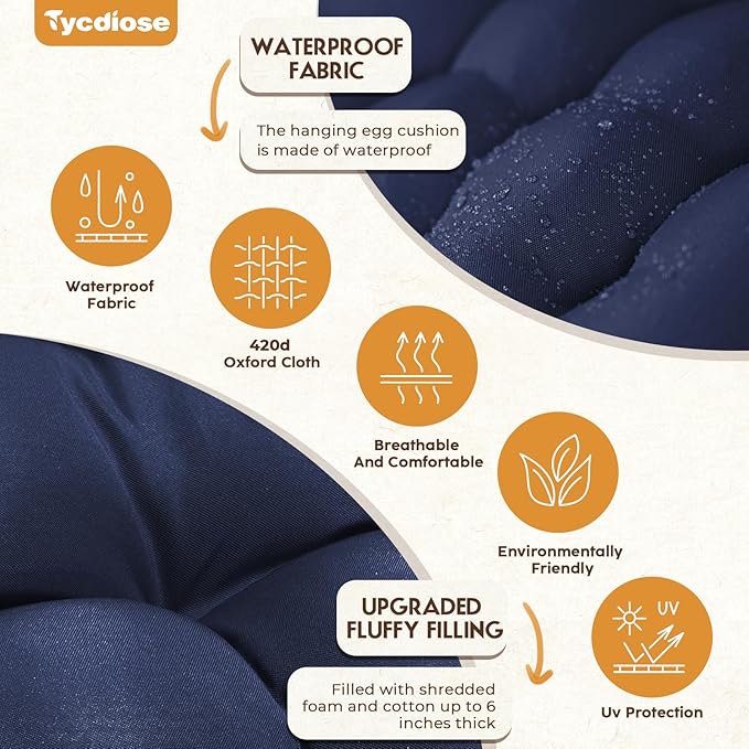 Egg Chair Cushion Replacement, Waterproof Outdoor Hanging Egg Swing Chair Cushions Pads, U-Shaped Thickened Cushions for Hanging Eggs Chair with Ties, 47x33x7 Inches (Blue)