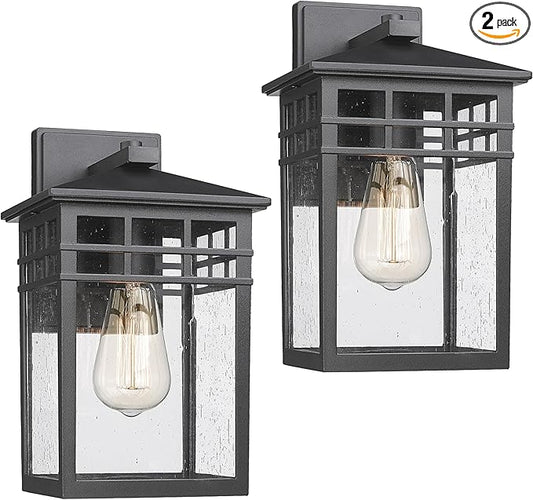 Outdoor Light Fixture Wall Mount, Modern Exterior Lights Fixture Wall Sconces with Seeded Glass for Front Porch, Farmhouse Waterproof Black Carriage Lantern Lamp Outside for Home, Garage, 2 Pack