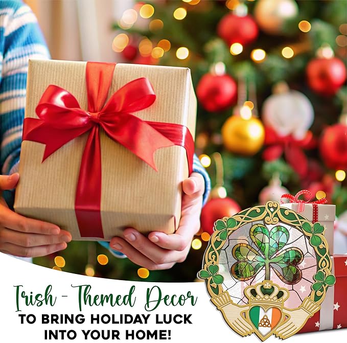 FLAGWIX Irish Gifts for Women, Men - Christmas, Birthday Gifts for Women, St Patricks Day, Shamrock Decorations, Good Luck Gifts, Claddagh, Celtic Home Decor - Window Suncatcher Hanging Decorations