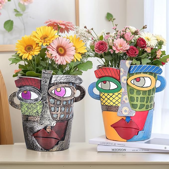 LCCCK Colorful Face Planter Funky Head Planters for Indoor Plants, Succulent Pots with Drainage for Home Unique Decor, Large Abstract Flower Pots for Indoor Outdoor Garden Cute Plant Decor