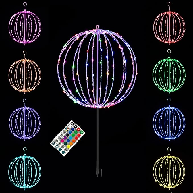 Christmas Ball Sphere 16IN 128LED Hanging Tree Light and Pathway Lights - Foldable Metal Frame, White, RGB