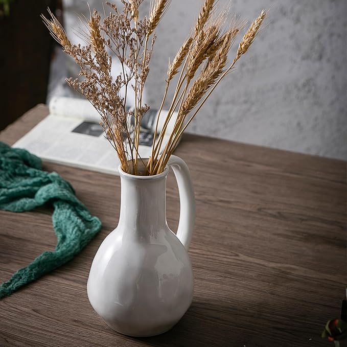 White Ceramic Vase with Big Handles, Modern Farmhouse Decor, Rustic Pottery for Flowers, Decorative Terracotta Centerpiece for Dining Table