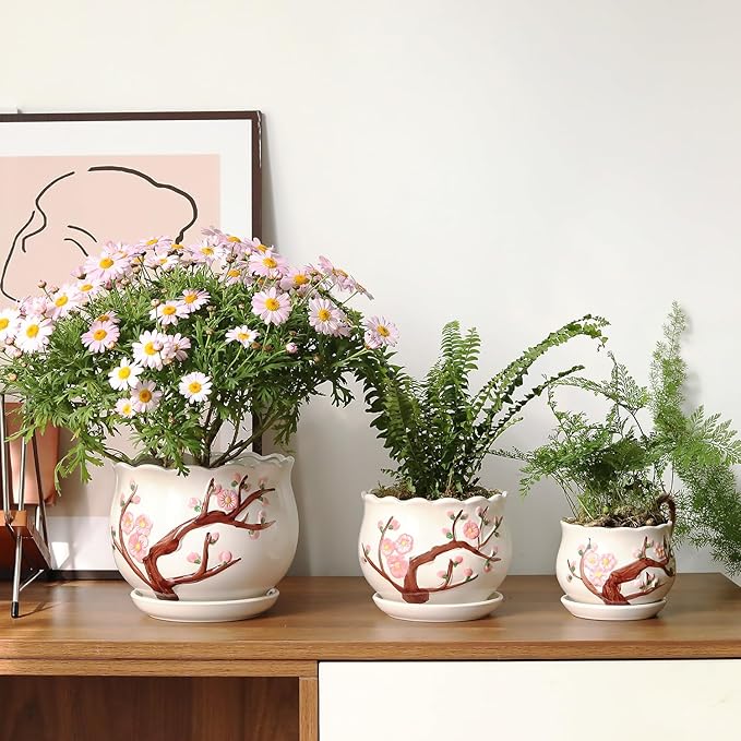 Ceramic Plant Pots with Drainage Holes and Saucers, Round Flower Pots for Indoor Plant, 3.9/5.2/6.7 Inches Small Flower Planters Set of 3