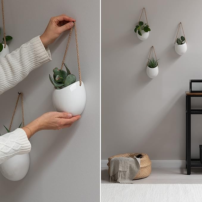 Wall Planters -Ellie- | Hanging Ceramic Plant Pots 3 Pieces | Wall Decoration for Indoors, Balcony and Garden | White (Glossy)