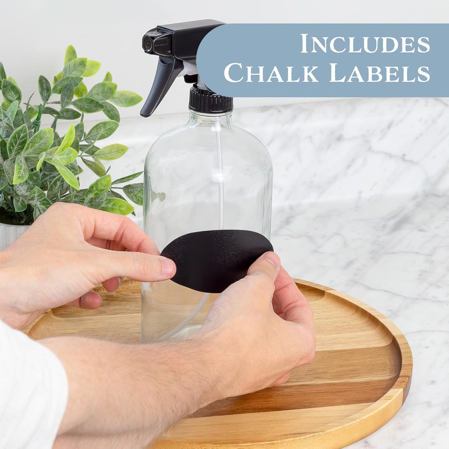 Cornucopia 32oz Glass Spray Bottles (2-Pack, Clear); Quart Bottles w/ 3-Setting Adjustable Trigger Sprayers; Includes Chalk Labels