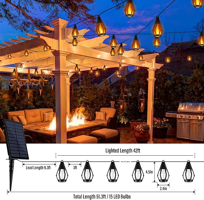 Solar Flame String Lights - 48ft 15 LED Lights Outdoor Solar String Lights for Garden Patio Decoration