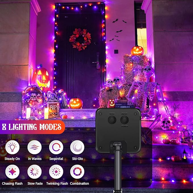 JMEXSUSS Orange and Purple Solar Halloween Lights, 2 Pack Total 400 LED Solar String Lights Outdoor Waterproof, 8 Modes Halloween Lights for Outside Halloween Tree Decorations