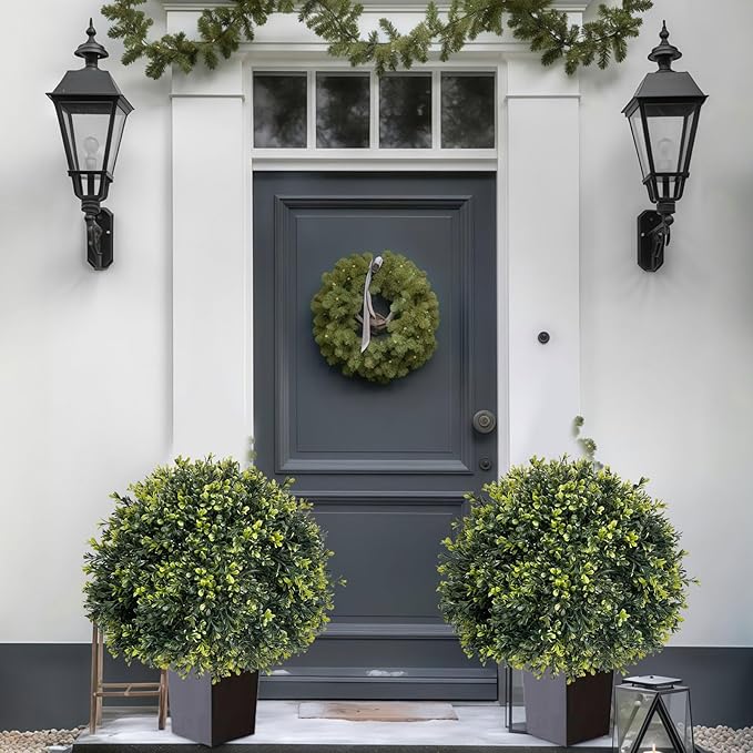 ICX 2 Pack 24" Artificial Boxwood Topiary Ball Trees with Ground Spike,Artificial Plants Outdoor,Fake Bushes & Shrubs for Porch, Garden, Front Porch Decor - Indoor/Outdoor Faux Plants