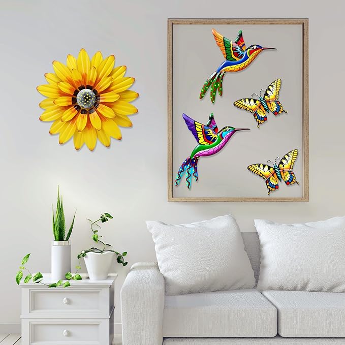 Metal Outdoor Wall Art Decor, 5 Pack Metal Flower Wall Decor and Bird Butterfly Wall Decor, Metal Garden Decor Outdoor Decorations for Yard Art