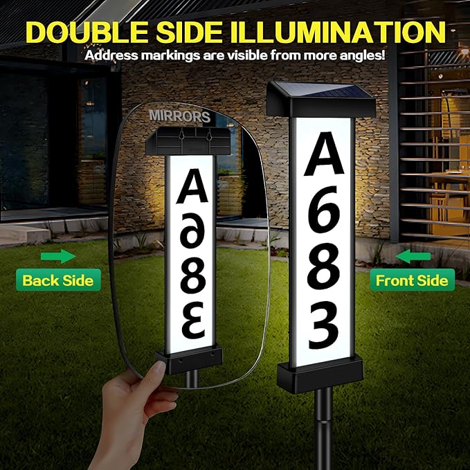 DBF Solar Address Sign, Dual-Sided House Numbers for Outside Waterproof, 3 Colors LED Illuminated Solar Powered Address Plaque with stakes, Outdoor House Number for Home Yard Garden Street