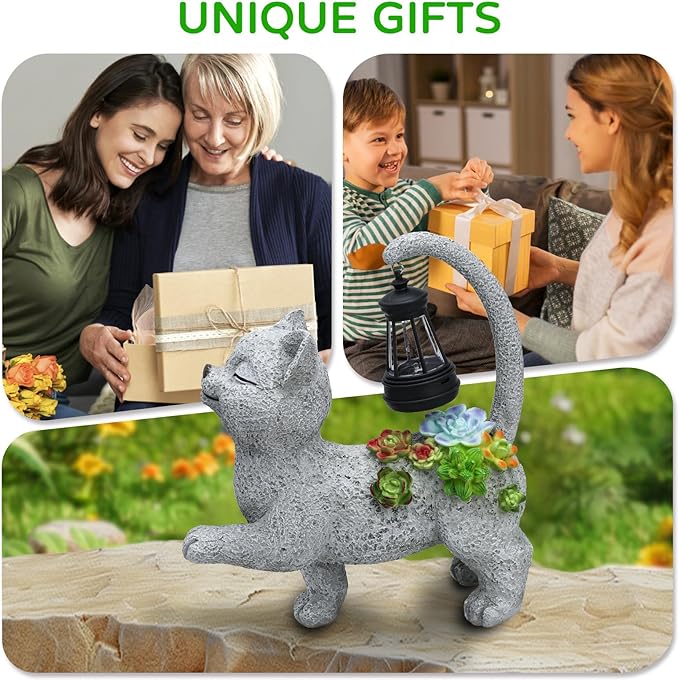 Solar Garden Outdoor Statues Cat with Succulent Solar Lantern, Lawn Decor Kitten Figurine for Patio Balcony Yard, Yard Unique Christmas Birthdays Gift for Mom Grandma