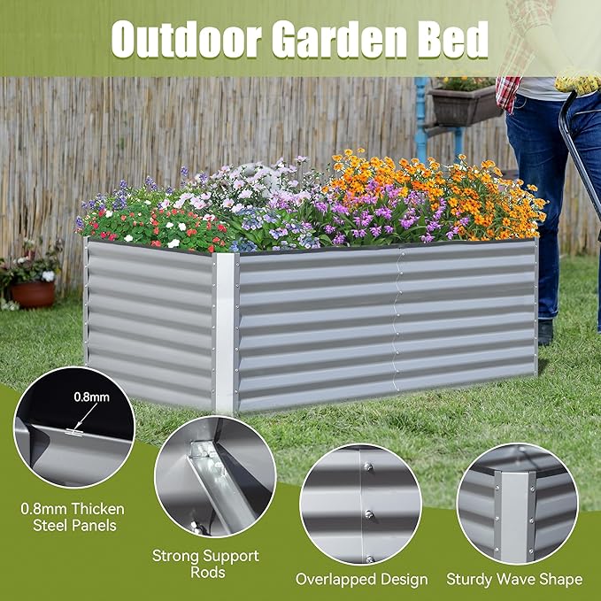 Domi Galvanized Raised Garden Bed, Outdoor Planter Garden Boxes Large Metal Planter Box for Gardening Vegetables Fruits Flowers, Silvery (6x3x2ft)