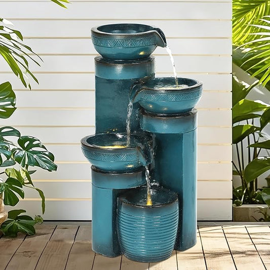 Autodaya 19.3" H Pedestal Outdoor Water Fountain with LED Lights and Pump, 4-Tier Cascading Water Feature, Tranuil Waterfall for Relaxing Garden, Patio, Yard, or Porch, Turquoise, Faux Ceramic Finish