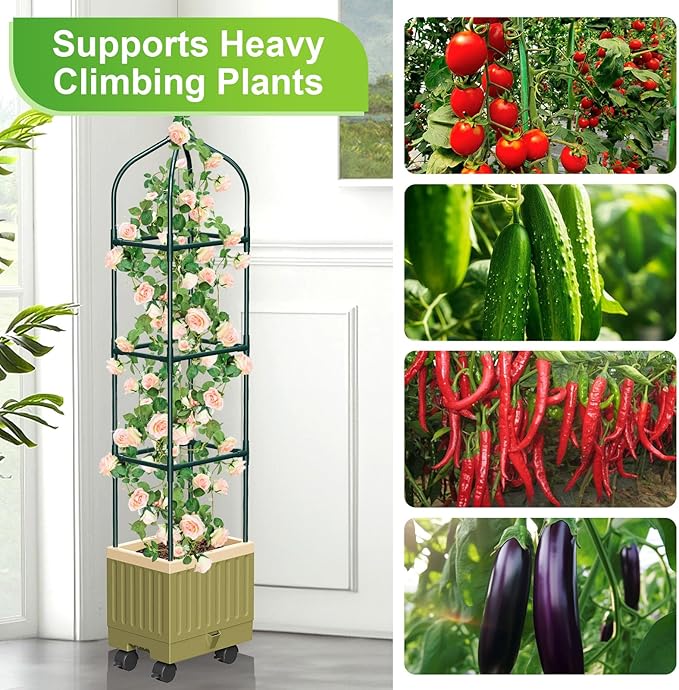 Raised Garden Bed Planter Box with Trellis, 71" Self-Watering Tomato Planter with Wheels for Climbing Vegetable and Plants, Tomato Cage Planters for Indoor Outdoor Patio Greenhouse Gardening (1Pack)