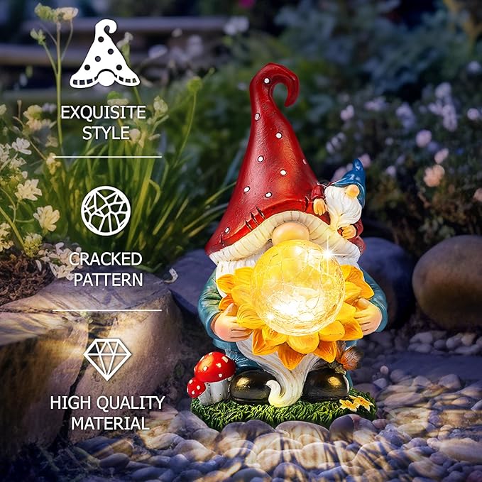 Solar Garden Decor Gnome Statues with Sunflower and Crackle Glass Globe Lights Gnome Outdoor Decorations for Garden Yard Patio Lawn, Unique Housewarming Gifts