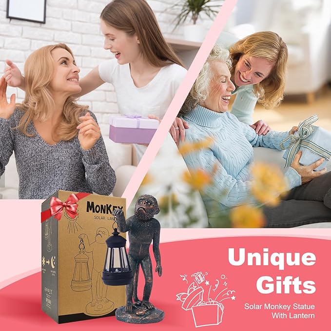 Garden Statue Monkey Figurine - Monkey Decor with Solar Powered Led Lights for Patio Lawn Balcony Yard - Ideal Gift for Women Moms Grandma Housewarming (Copper)