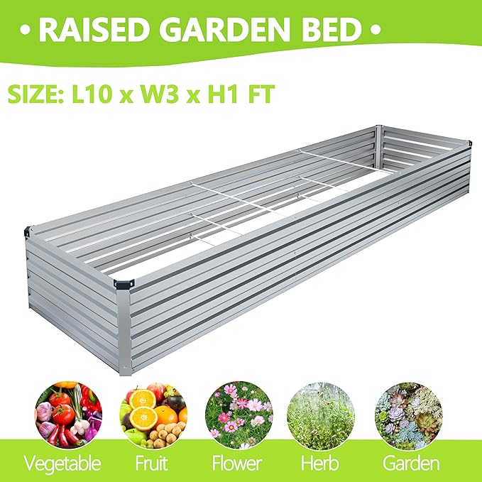 MGNO 2pcs 10x3x1FT Galvanized Raised Garden Bed-Outdoor Planter Box for Vegetables-Metal Garden Bed,Rectangle Planting Box for Herb,Flower