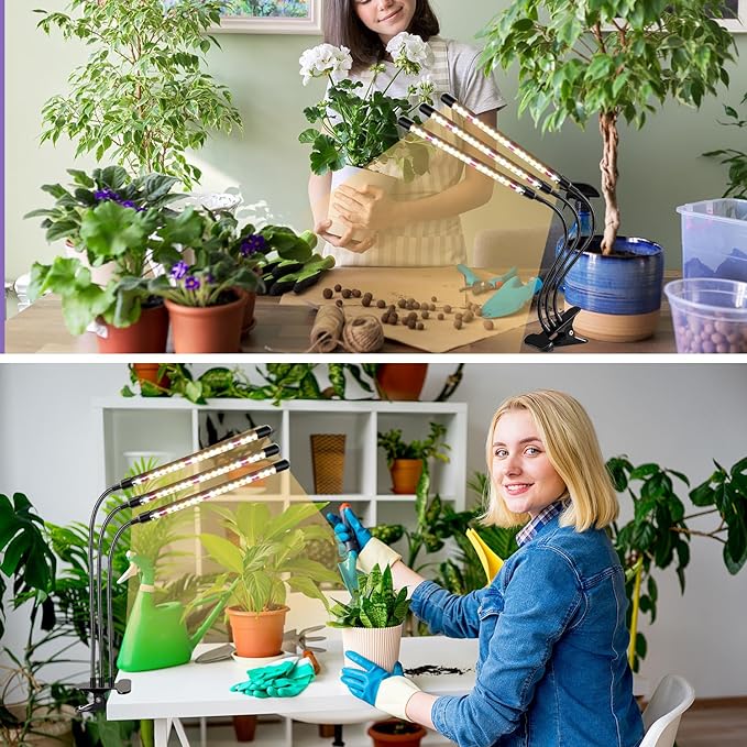 3head Plant Lights, 2Pack Grow Lights for Seed Starting, Full Spectrum Growing Lamps with Clip for Indoor Plants, Auto ON & Off Timer 3/9/12H, 3 Switch Modes, 10-Level Dimmable Brightness