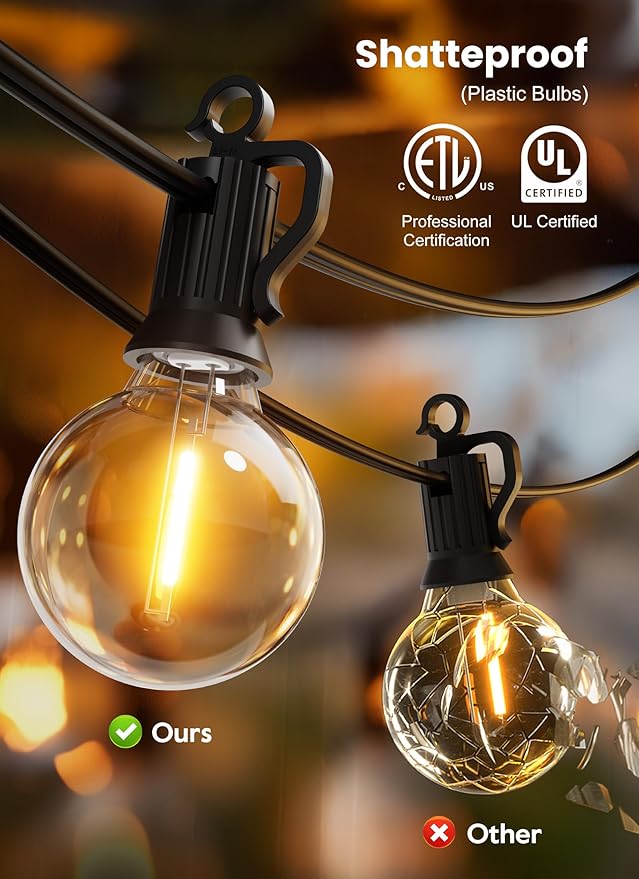 Brightown Outdoor String Lights - Connectable Dimmable LED Patio String Lights with G40 Globe Plastic Bulbs, All Weatherproof Hanging Lights for Outside Backyard Porch (50 ft - 25 LED Bulbs)