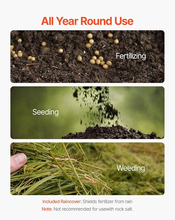 VEVOR Broadcast Spreader, 60LBS Capacity, Walk-Behind Push Spreader, 0-9.8 ft Spreading Width, 10 in All Terrain Pneumatic Tires, Lawn Spreaders with Hopper Grate, for Seed, Fertilizer, Salt, Ice Melt