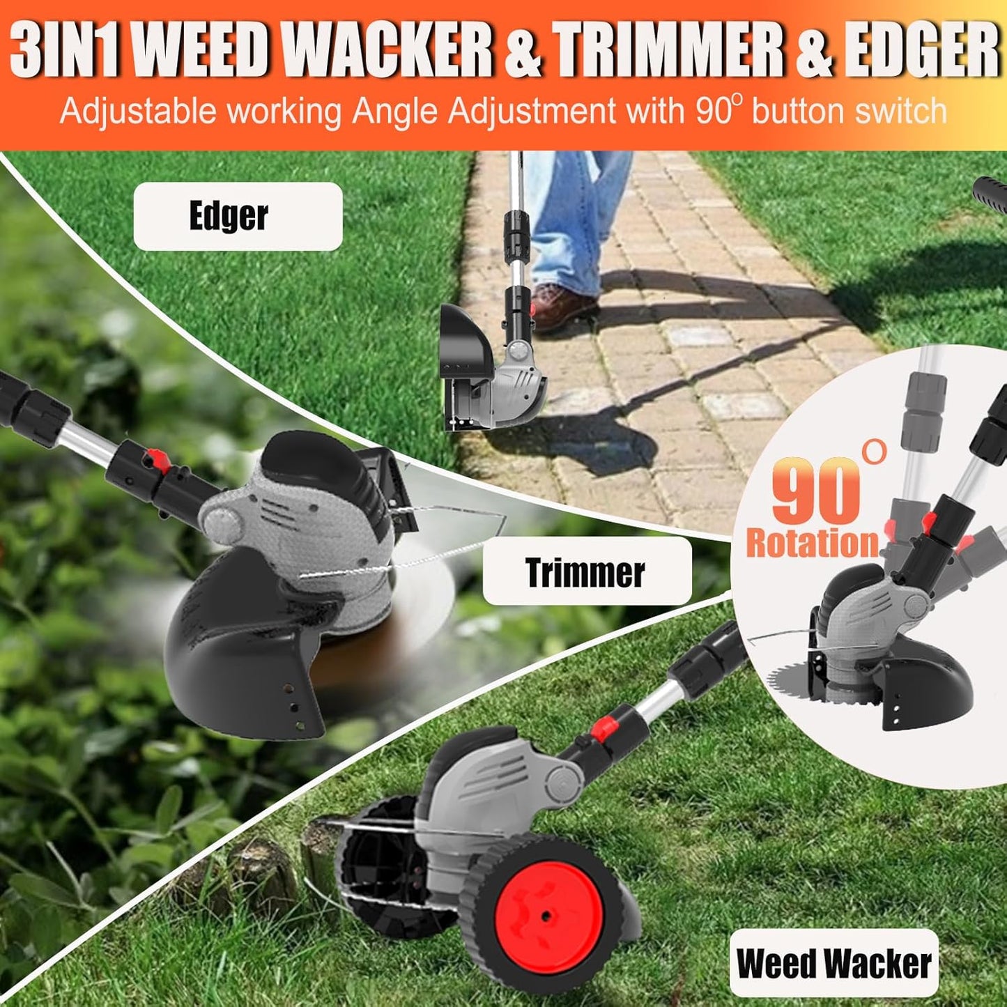 Electric Weed Wacker Eater Cordless Battery Powered, Weed Trimmer 4.0Ah Lightweight No-String with 2 Battery Operated & Wheels, 3 in 1 Stringless Grass Trimmer/Edger/Brush Cutter for Garden Yard Lawn