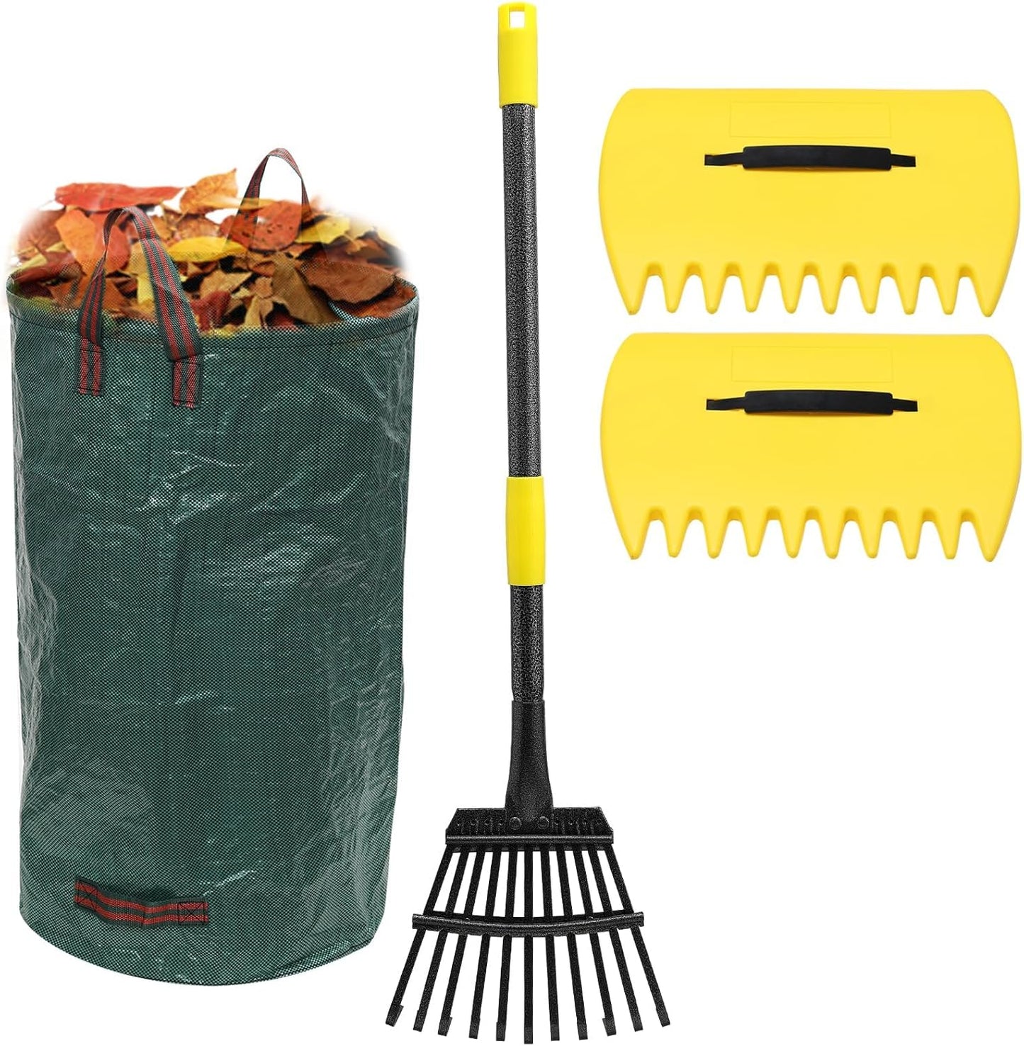 Leaf Rake, 11 Tines 9" Wide Metal Garden Rake for Leaves with 32 Gallon Leaf Bags and Scoops, Small Lawn Collapsible Yard Rakes for Camping Mulch Shrub Long Handle 30-70