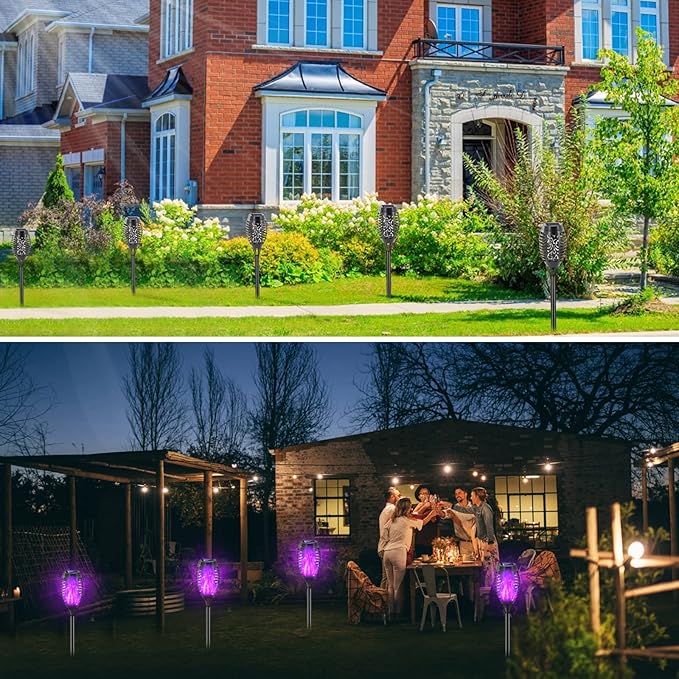 Purple Solar Lights Outdoor, 8 Pack Solar Flicker Flame Torch Lights Waterproof 12 LED Mini Tiki Torch Lights for Outside Landscape Garden Pathway Dusk to Dawn Auto On/Off