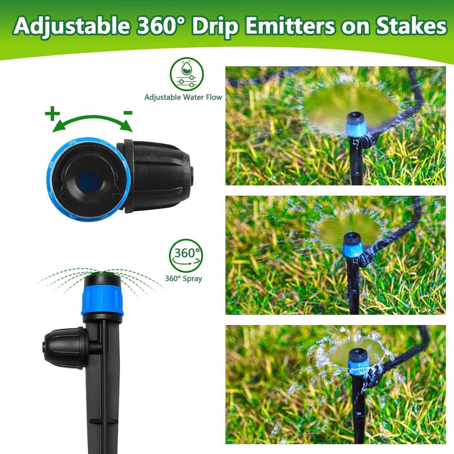 50 Pieces Drip Irrigation Emitters, Adjustable 360 Degree Drip Vortex Emitters on 5" with Stake for 1/4" Drip Irrigation Tubing Irrigation Fan Shape Drippers for Garden Watering System
