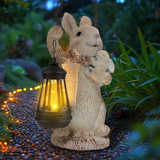ILLUMINEW Solar Garden Statues Rabbit Lights, Outdoor Lighted Bunny Garden Decor Waterproof Figurines for Patio Porch Balcony Yard Lawn Lantern, Unique Easter Gifts for Mom Grandma Mother